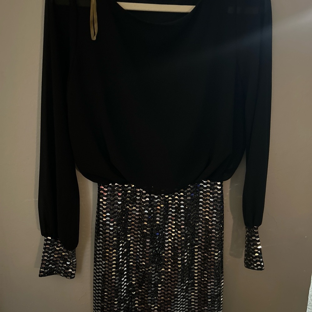 Sabora Black Silver Sequin Dolman Sleeve Sheath Dress